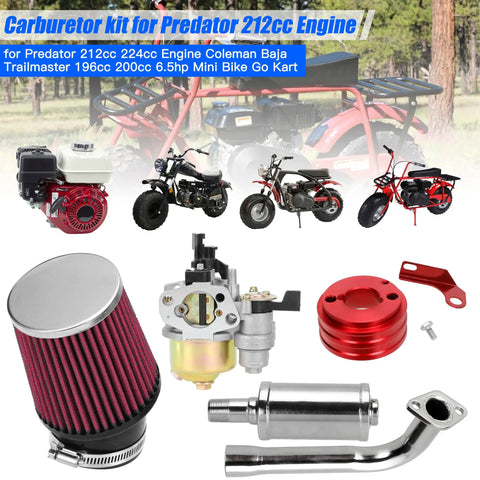 Stage 2 Beefed Up Carburetor Exhaust Muffler Kit for Predator 212cc 224cc 196cc Engines with air filter, exhaust, and components