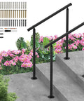 Tight Grip Hand Rails For Outdoor Steps Two Pack Adjustable Stair Railing Kit With No Sweat One Step Install heavy duty steel handrails on porch steps with floral backdrop.
