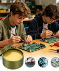 Two individuals using lead free solder paste flux for electronics repair and PCB bonding in a workshop setting.