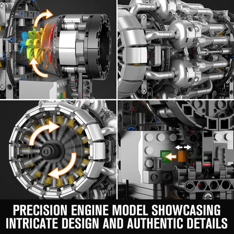 Aircraft Jet Engine Model Kit for Adults and Teens, Motorized Turbojet Demonstration With Real Spinning Compressor, Combustion Path and Turbine, 1214 Pieces, detailed close-up view
