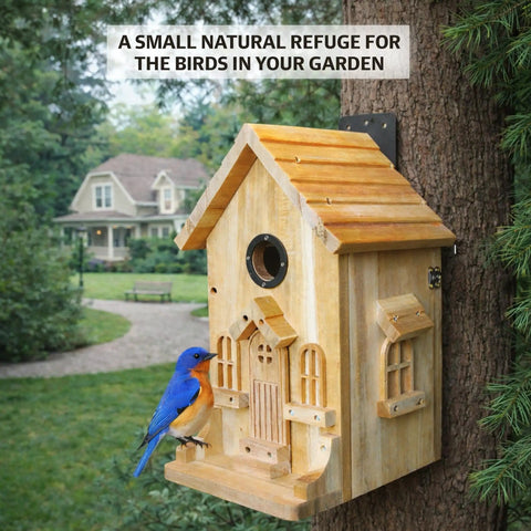 Premium Wooden Bird House Kit For DIY Bluebird Nesting Box With 1.5 Inch Entrance installed on a tree.