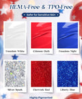 Fourth Of July Gel Nail Polish Kit With UV Light And 6 Festive Red White Blue Shades, HEMA-Free TPO-Free color swatches display