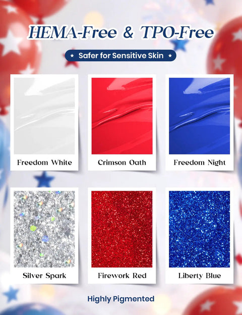 Fourth Of July Gel Nail Polish Kit With UV Light And 6 Festive Red White Blue Shades, HEMA-Free TPO-Free color swatches display