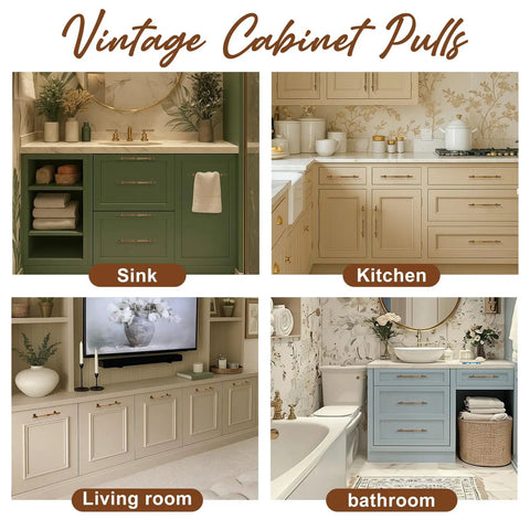 Antique Brass Cabinet Pulls Set For Retro Vibe 10 Pack 6.3 Inch Long 3.78 Inch Hole Center Drawer Handles in various home settings