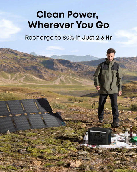 Man using SOLIX C800X Portable Power Station with 100W Solar Panel in scenic outdoor setting for camping and road trips.