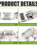 Solid Hose Clamp Kit 180-Piece Stainless Steel Worm Gear Clamps Set, close-up details of clamps with 304 SS markings, socket ready.