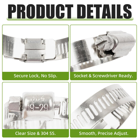 Solid Hose Clamp Kit 180-Piece Stainless Steel Worm Gear Clamps Set, close-up details of clamps with 304 SS markings, socket ready.