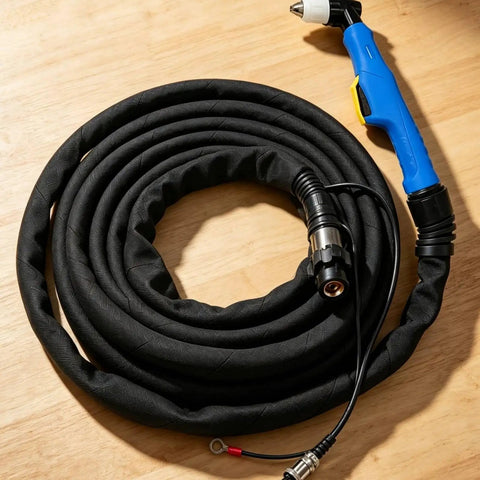 Pro Grade Air Electric Discharge Severing Torch Kit For Slick Steel Cutting, featuring a rugged black hose and blue grip handle.