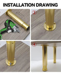 Installation process for Top Shelf Gold Adjustable Metal Sofa Legs For Couches And Tables shown in four steps with hardware.