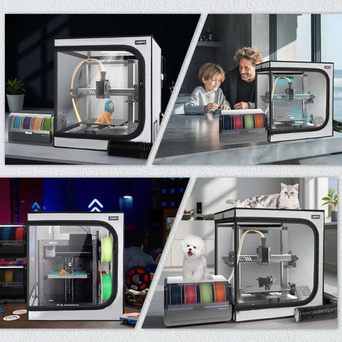 Durable 3D Printer Enclosure With Integrated Ventilation Kit for efficient smoke and dust control, shown in various home settings.