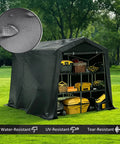 All Weather Outdoor Storage Shed Tent With Waterproof Cover Windproof Portable Carport Garage Shelter Roll Up Zipper Door And Vents UV Resistant Canopy For Motorcycle Bike Lawn Mower Tools 5 By 7 Point 2 By 5 Point 4 Feet with shelves on a lawn