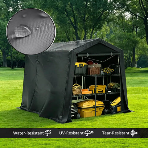 All Weather Outdoor Storage Shed Tent With Waterproof Cover Windproof Portable Carport Garage Shelter Roll Up Zipper Door And Vents UV Resistant Canopy For Motorcycle Bike Lawn Mower Tools 5 By 7 Point 2 By 5 Point 4 Feet with shelves on a lawn