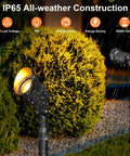 Lit Smart Outdoor Spotlight Kit 4 Pack 12V Low Voltage Landscape Lights With App Control illuminating bush in rain
