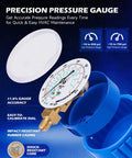 Four Way AC Diagnostic Manifold Gauge Kit With Five Foot Hoses For R134A R410A R22 Complete Gauge Set Includes Color Coded Hoses Quick Couplers Adapters And Puncture Style Can Tap For Easy Refrigerant Service. White dial gauge with blue rubber casing and brass fitting