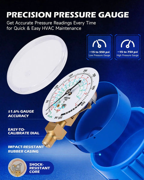 Four Way AC Diagnostic Manifold Gauge Kit With Five Foot Hoses For R134A R410A R22 Complete Gauge Set Includes Color Coded Hoses Quick Couplers Adapters And Puncture Style Can Tap For Easy Refrigerant Service. White dial gauge with blue rubber casing and brass fitting