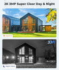 Day and night view of a house captured by Wireless Outdoor Security Camera With Solar Or Battery Power, 2K Night Vision and 3MP Clarity.