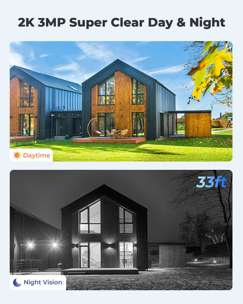 Day and night view of a house captured by Wireless Outdoor Security Camera With Solar Or Battery Power, 2K Night Vision and 3MP Clarity.