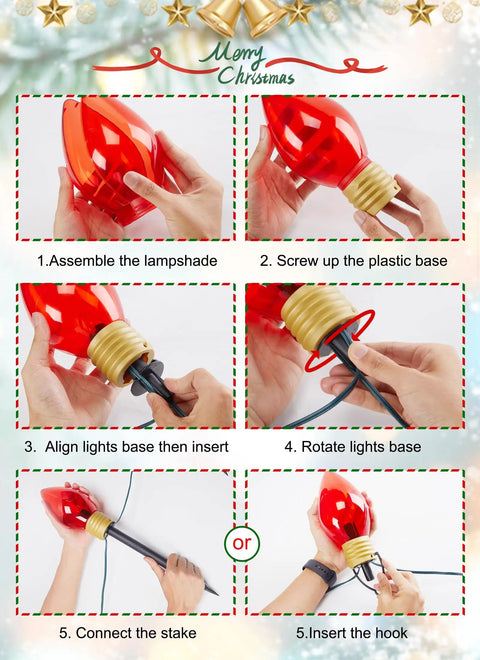 Instructional image showing how to assemble Two Pack Jumbo C9 Christmas Pathway Lights For Outdoor Decor with stakes and hooks.