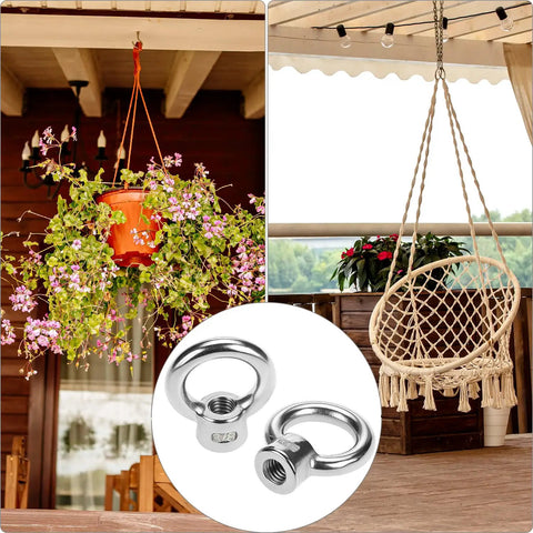 Rock Solid Boss Level Marine Grade Stainless Steel Lifting Eye Nuts 20 Pack 3/8 Inch Unc Threads used in outdoor hanging plant and chair setup.