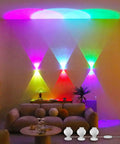Living room scene with 360 Degree Rotating RGB LED Wall Light Bar illuminating walls in vibrant colors, modern decor visible