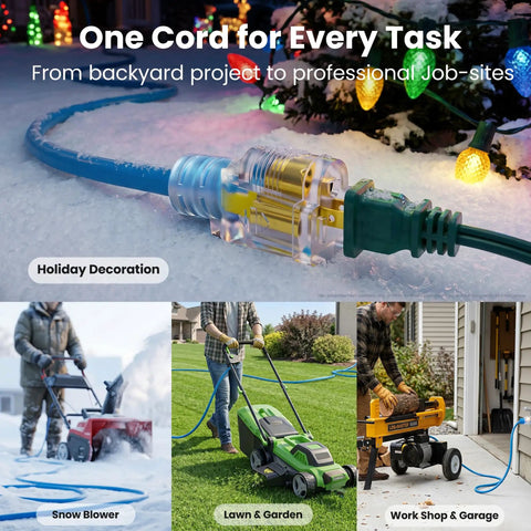 Rock Solid 100 Foot 14 Gauge Extension Cord 14/3 SJEOW Heavy Duty outdoor power cable plugged in for holiday lights.