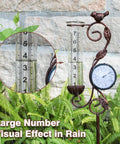 32-Inch Garden Rain Gauge With Thermometer And Metal Bird Statue, glass tube in garden showing rain and temperature gauge