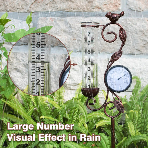32-Inch Garden Rain Gauge With Thermometer And Metal Bird Statue, glass tube in garden showing rain and temperature gauge