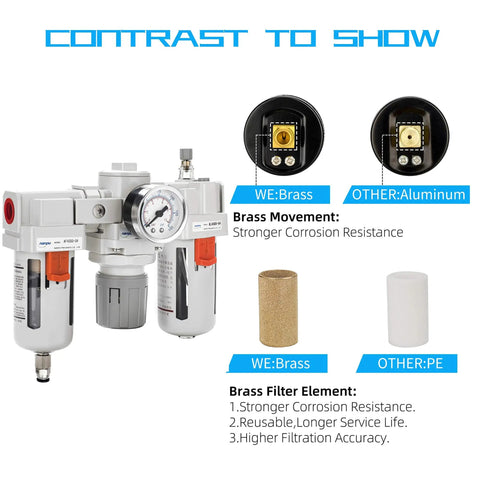 Image of One Half Inch NPT Air Filter Regulator Lubricator All In One FRL Combo with Brass Element and Aluminum components.