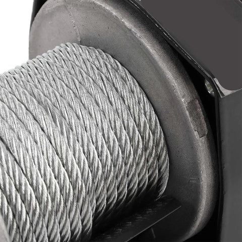 Close-up of steel cable on Fauitay 2500lb DC 12V Electric Power Winch With Remote Control for ATV UTV trailers.