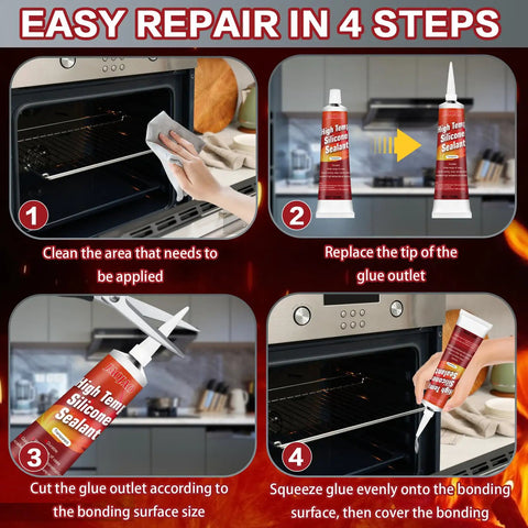 Heat Resistant High Temp Silicone Sealant for Ovens and Grills, application steps for sealing an oven, 100ml transparent tube