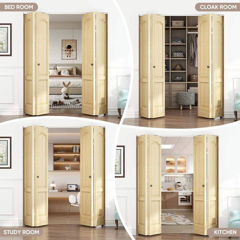 Four room setups with 72 Inch Top Mounted Bifold Door Hardware Kit for inside doors, closets, offering dust proof and floor friendly features.