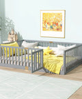 Full Size Floor Bed With High Safety Guardrail And Door For Toddler Transition, Rubber Wood Frame With 6 Support Slats, Grey Finish