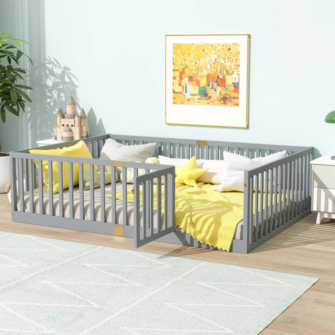 Full Size Floor Bed With High Safety Guardrail And Door For Toddler Transition, Rubber Wood Frame With 6 Support Slats, Grey Finish