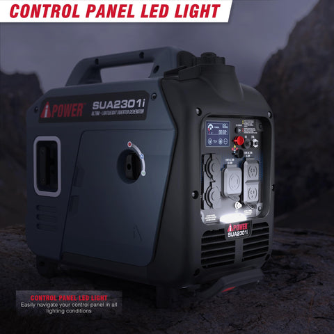 Portable Inverter Generator 2300W For RVs Camping Tailgating And Home Backup Quiet 52 dB EPA CARB Compliant control panel view