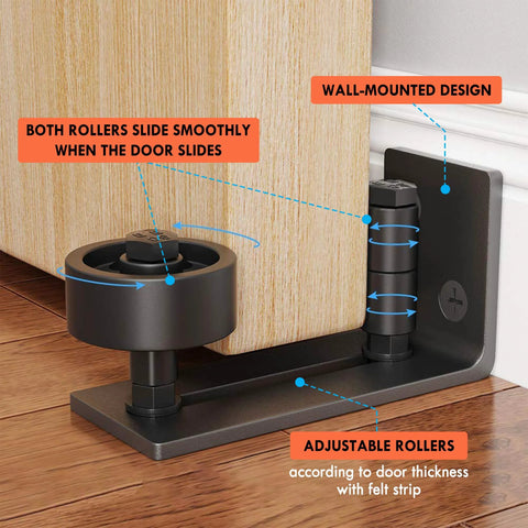 Sliding Barn Door Floor Guide With Bottom Adjustable Roller Eight Setup Options Delivers Quiet Operation And A Flush Design With Felt Strips Prevents Door From Swinging Or Hitting Walls Ensures Perfect Alignment Easy Installation Pack Of One showing wall-mounted design and adjustable rollers on wood floor.