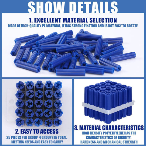 100 Pcs Expanding Plastic Anchors For Concrete And Drywall, Blue Anchors For Hollow Walls, Tile And Cement, 5/16 Inch By 1-1/2 Inch