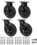 Built Tough 8 Inch Heavy Duty Pneumatic Casters Set Of Four With Two Swivel And Two Rigid Wheels, black rubber wheels with mounting brackets.