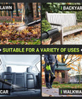 Cordless Leaf Blower 500 CFM 21V With 4.0Ah Battery And Fast Charger cleaning leaves on lawn, bench, car interior, walkway