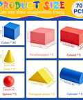 Image showing colorful pieces from 70 Piece Wooden 3D Geometric Shapes Set for Kids, including cubes, cones, and cylinders.