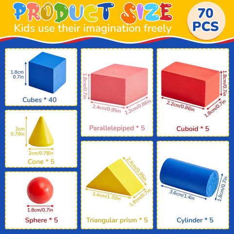 Image showing colorful pieces from 70 Piece Wooden 3D Geometric Shapes Set for Kids, including cubes, cones, and cylinders.