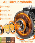 Close-up of all-terrain 360° wheels of Grab And Go Foldable Wagon Cart With 360 Degree Wheels And Drink Holders For Camping Travel