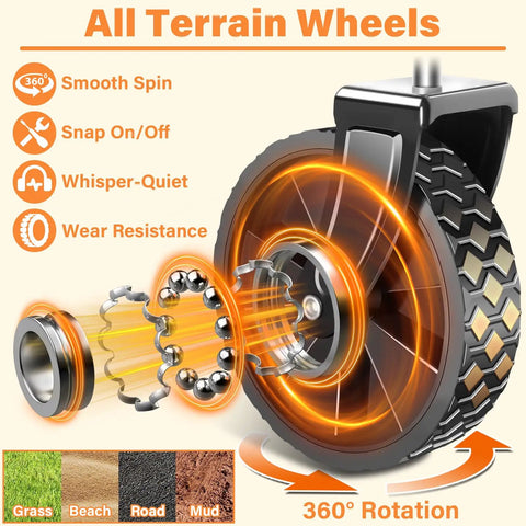 Close-up of all-terrain 360° wheels of Grab And Go Foldable Wagon Cart With 360 Degree Wheels And Drink Holders For Camping Travel