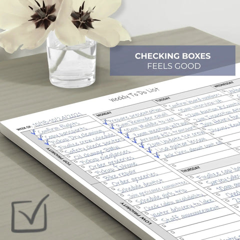 Weekly To Do List Planner Notepad For Stay On Top Pros And Busy Bees, 60 Page Task Pad with checkboxes on a desk