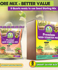 Ready To Use Seed Starting Soil Mix With Coco Coir, Perlite, Vermiculite, And Worm Castings, 8 Dry Quarts, Peat Free 4-In-1 Blend box and bag