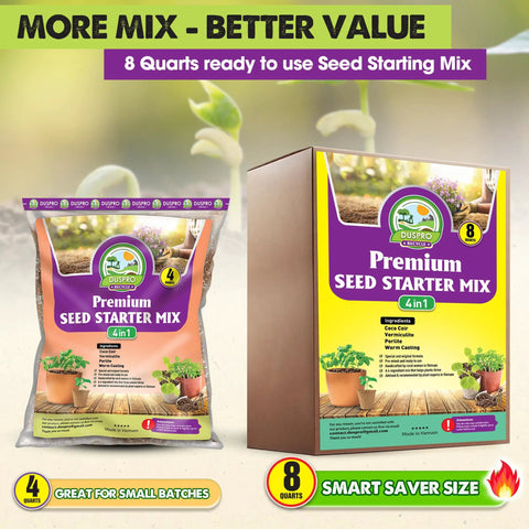 Ready To Use Seed Starting Soil Mix With Coco Coir, Perlite, Vermiculite, And Worm Castings, 8 Dry Quarts, Peat Free 4-In-1 Blend box and bag