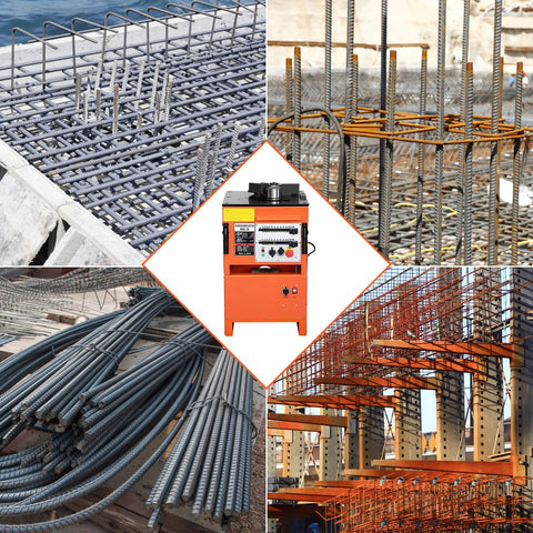 Heavy Duty 1600W Electric Rebar Bender And Cutter Machine For Steel Rods, shown with steel rods and rebar structures.