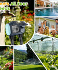Solar Powered Sprinkler Timer With Brass Inlet Dual Outlet Garden Hose Controller shown in garden use.