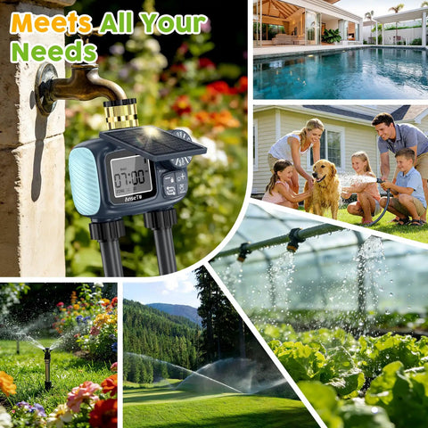 Solar Powered Sprinkler Timer With Brass Inlet Dual Outlet Garden Hose Controller shown in garden use.
