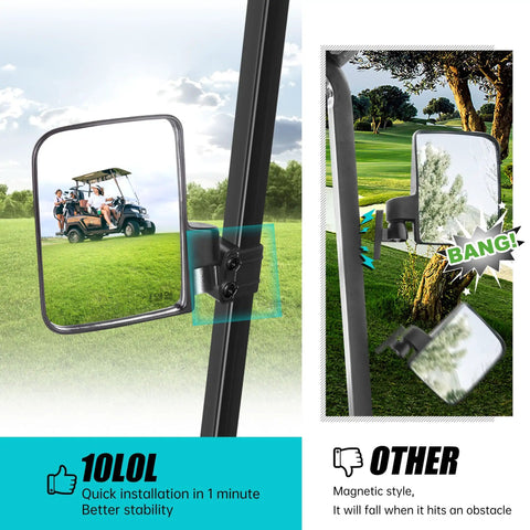 Universal Golf Cart Side Mirrors No Drilling Needed, 180 Degree Folding Rear View, showing stability and obstacle avoidance.