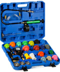 Universal radiator pressure tester kit in blue case, includes vacuum pump, hoses, gauge and 28 colored adapters.